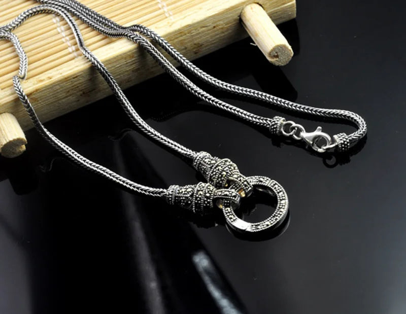 ORNA 925 Sterling Silver Marcasite Stone ‘O’ Pendant Necklace