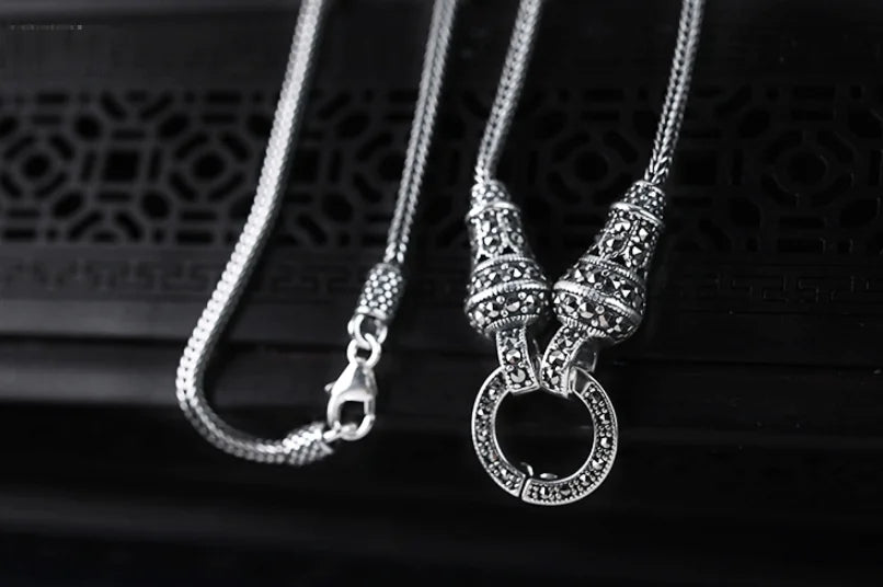 ORNA 925 Sterling Silver Marcasite Stone ‘O’ Pendant Necklace